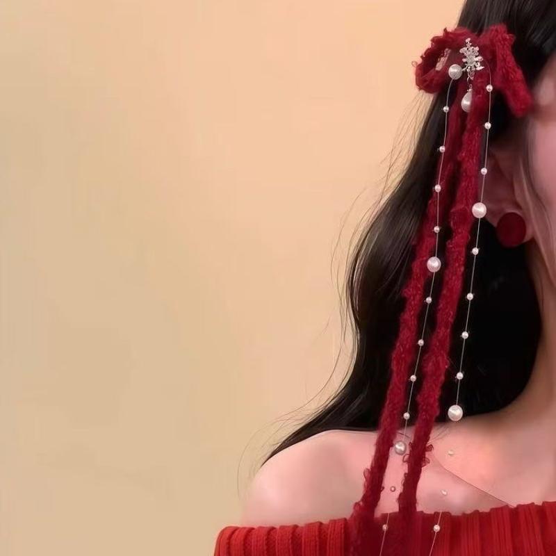 

Red Fluffy Bow Hair Clip with Pearl Tassels Vintage Elegant Hair Accessory for Women,Hair Ornament for Parties/Festivals