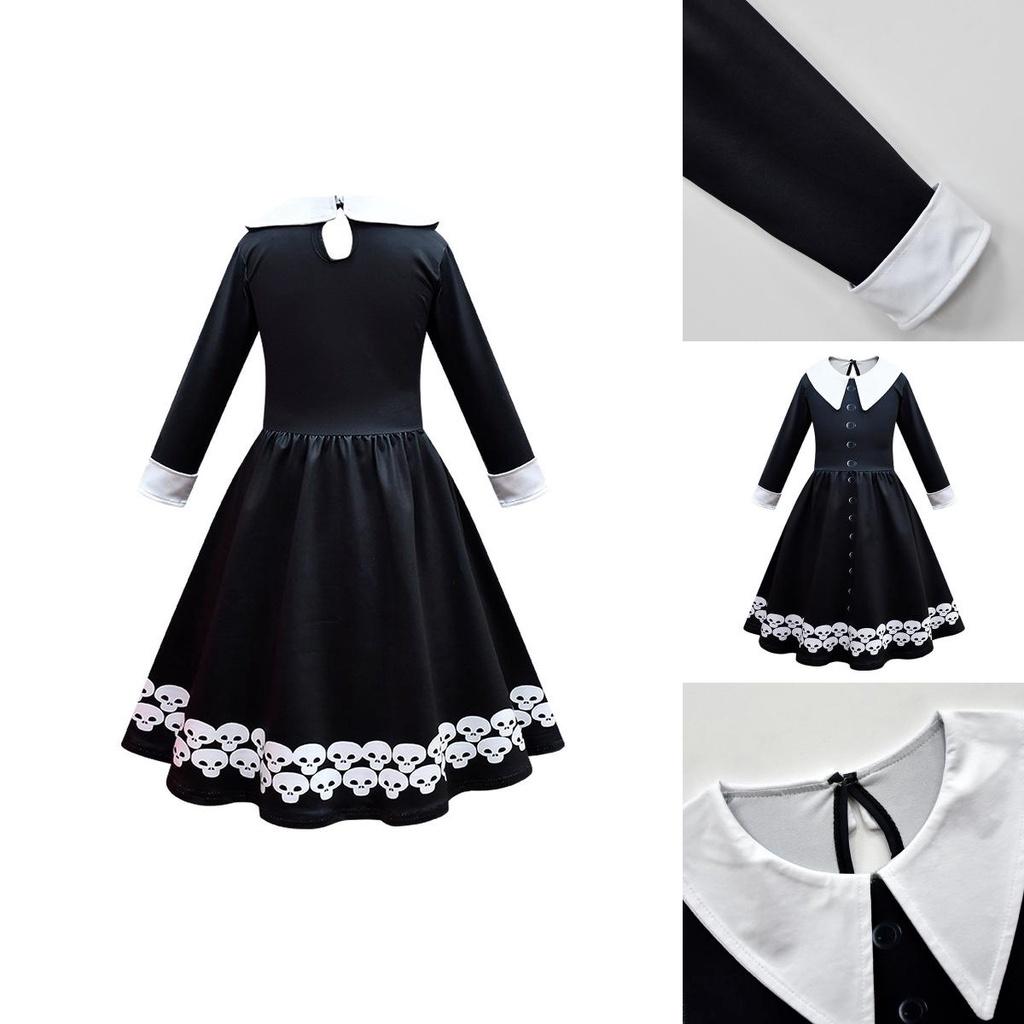 Wednesday Addams Dress Bag Wig Cosplay Costume Girls Xmas Party