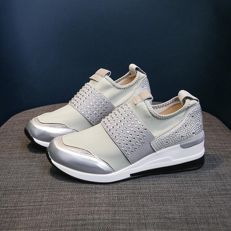 2025 Spring Korean Style Wedge Heel Rhinestone Slip-On Casual Flats for Women - Plus Size Round Toe Thick Sole Dad Shoes