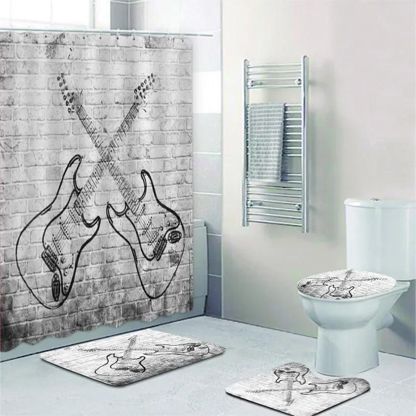 4Pcs Fire Burning Electric Guitar Shower Curtain Sets, Stone Wall Modern Bathroom Sets Waterproof,Non-Slip Bath Rugs Toilet Mat