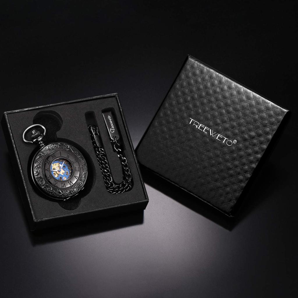 TREEWETO Men's Mechanical Skeleton Pocket Watch Roman Numeral Dial Gift Box Chain