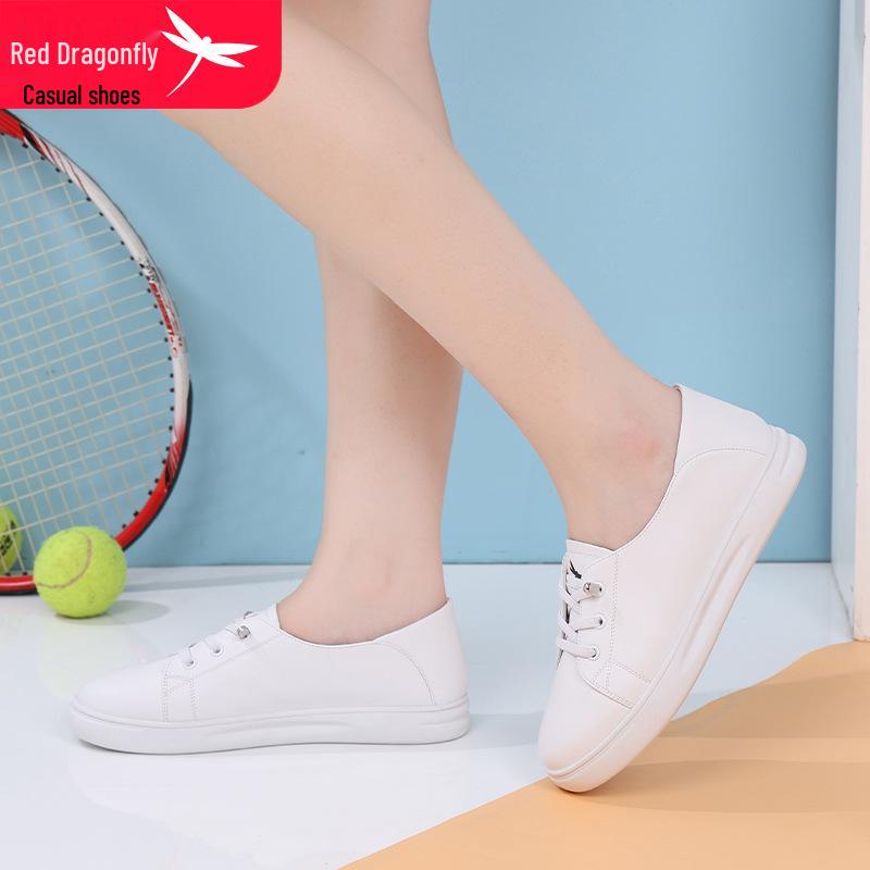 Red Dragonfly Women's Spring Flat White Leather Shoes - Versatile, Soft Sole, Shallow Cut Casual Style