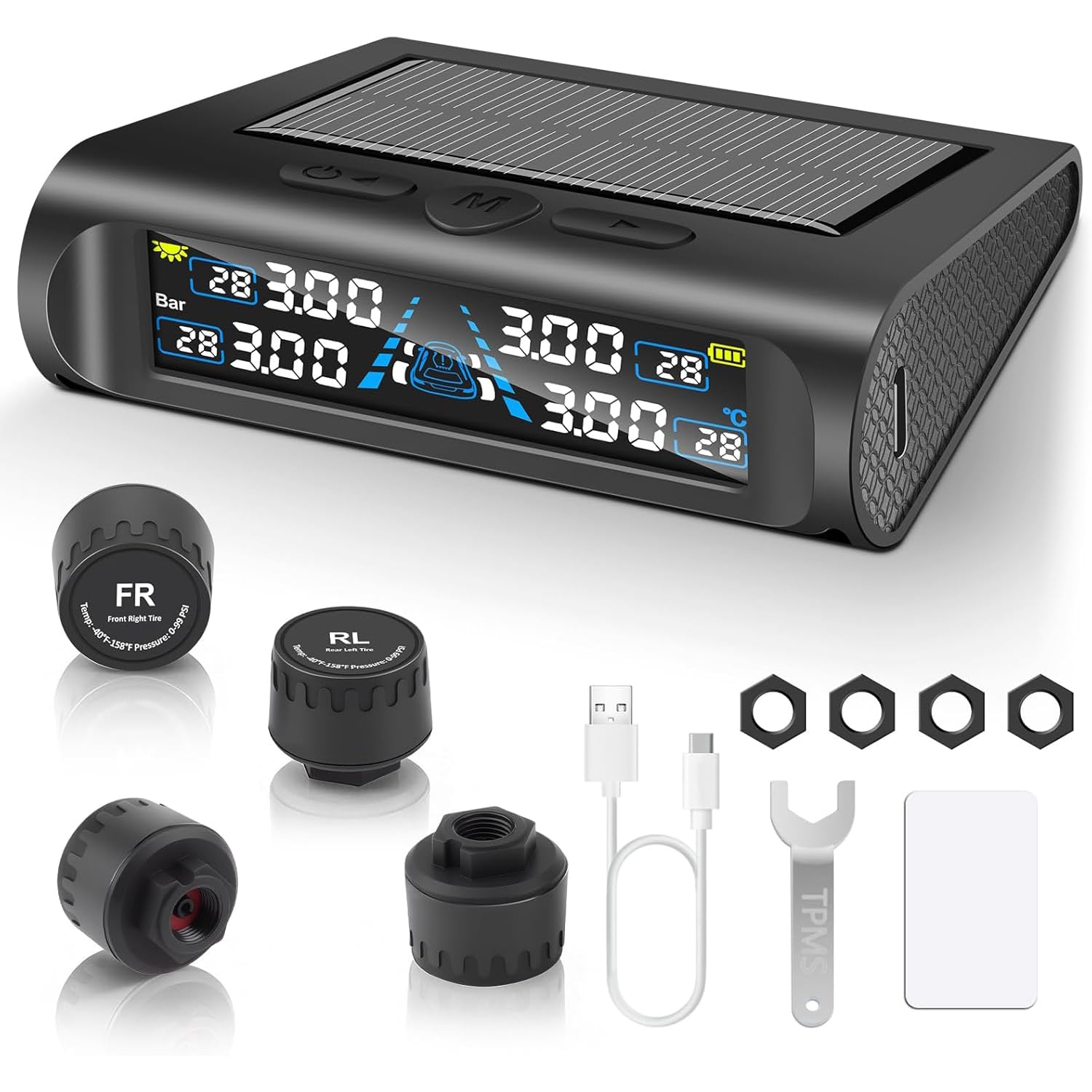 

Stynxro TPMS Tire Pressure Monitor, Tire Pressure Sensor for Cars, Solar/USB Charging, 6 Alarms, Real-time Monitoring, Digital Display, IP67 Waterproo