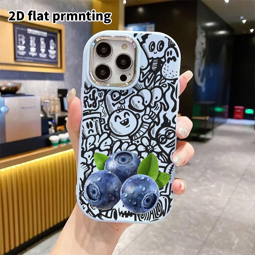 Phone case: 2D flat design suitable for iPhone 18 17 16 15 14 13 Pro protective case, couple style, fresh blueberry, Christmas and Halloween gifts