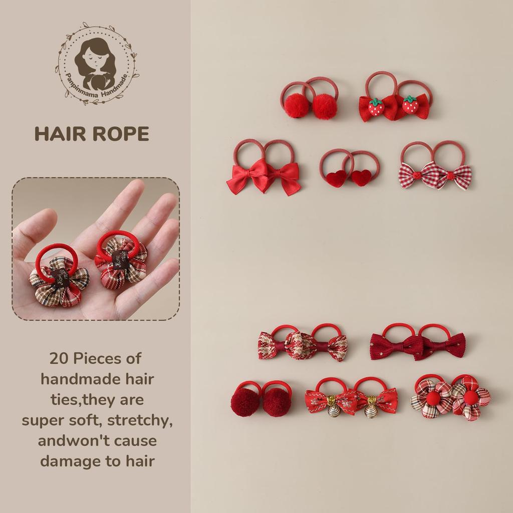 Toddler Hair Ties for Girls 20 PCS Baby Bow Elastic Nylon Scrunchies Kids Christmas Hair Accessories Ponytail Holders Hairbands - Red