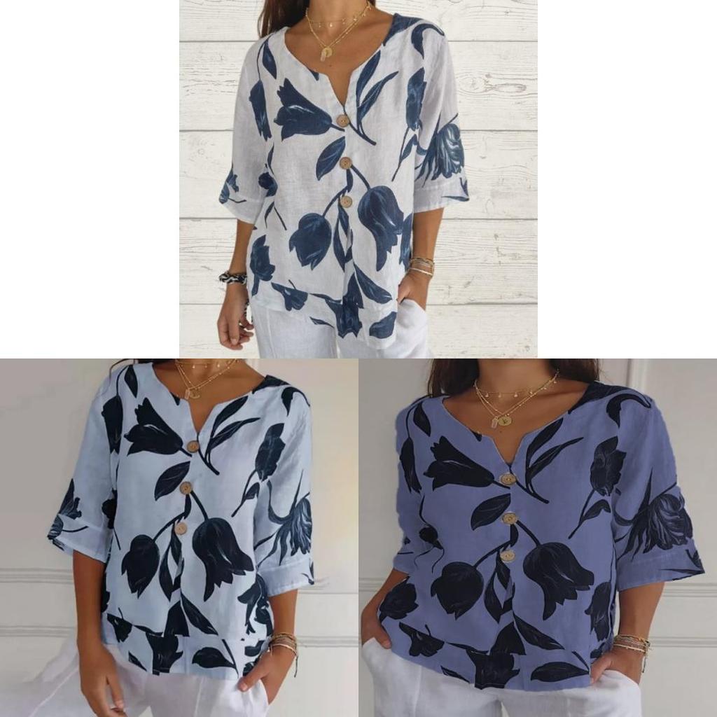 Maglia a maniche corte con scollo a V in cotone e lino con stampa digitale per abbigliamento casual estivo da donna