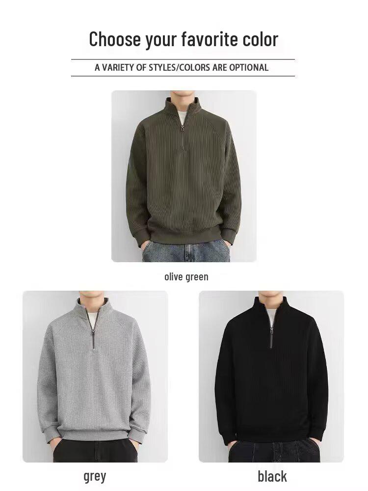 Men's American Style Half-Zip Stand Collar Knit Sweatshirt - Solid Color Casual Jacket for Spring and Autumn