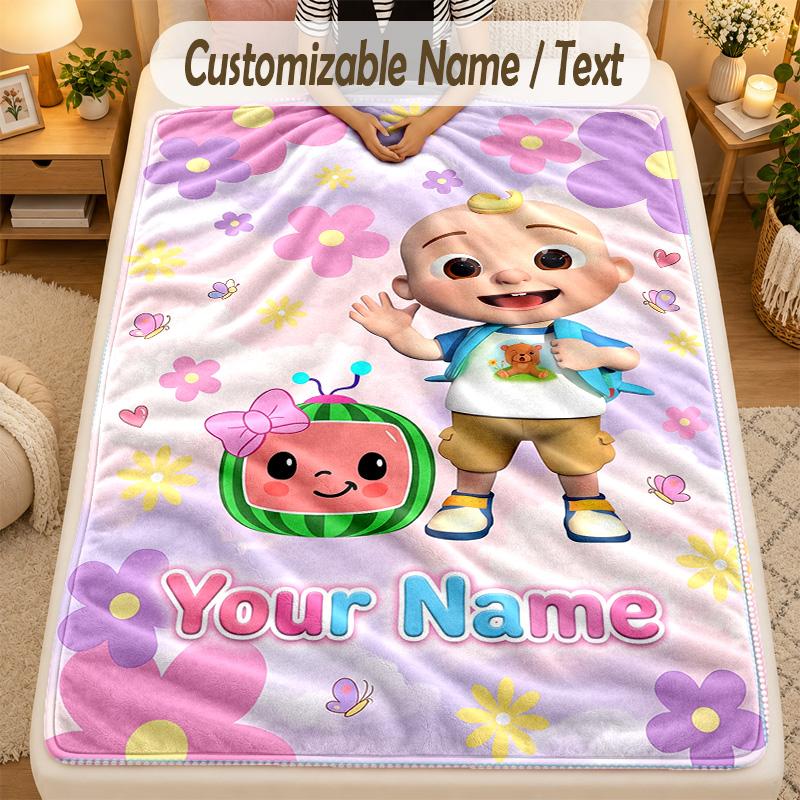 Flannel BlanketCocomelon Custom Name Text Personalized Soft Warm Throw Blanket Home Decor Gift