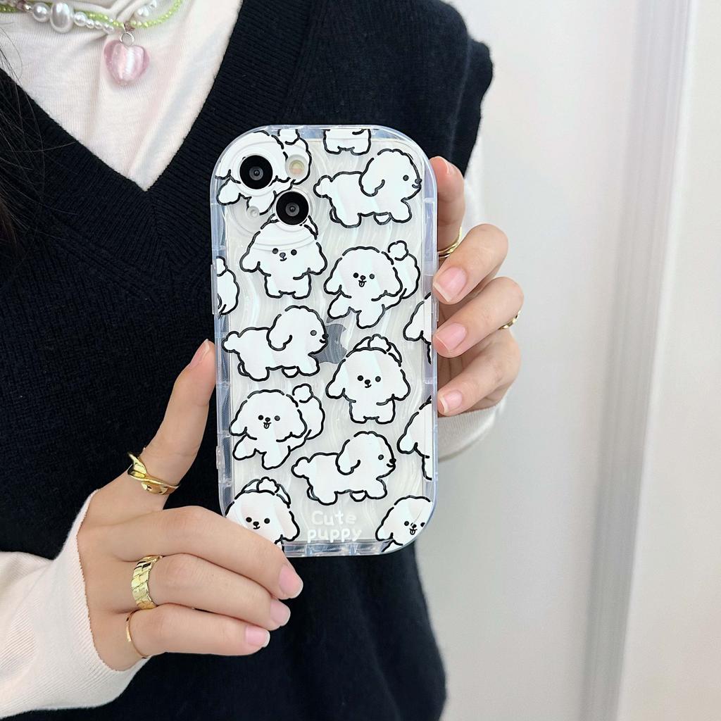 White Puppy Wavy Relif Non -Slip Shell For Iphone 14 Plus 13 Promax 11 12 Pro Max Soft Silicone Cute Cartoon Phone Case