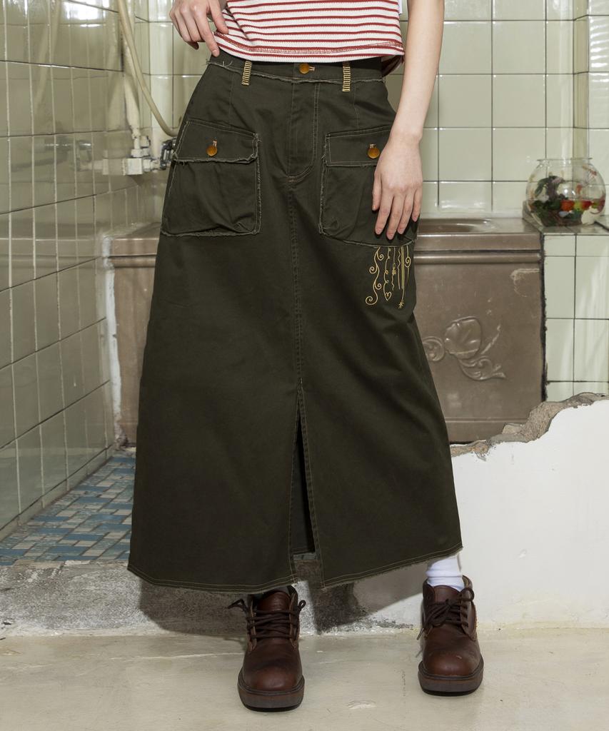 Lunakihu Wxsk008 Tsuru Cotton Long Skirt (Khaki)