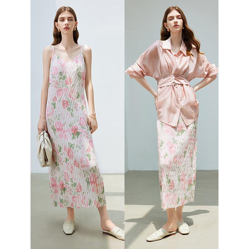 Chinese Style Ink Wash Floral Pleated Camisole Dress