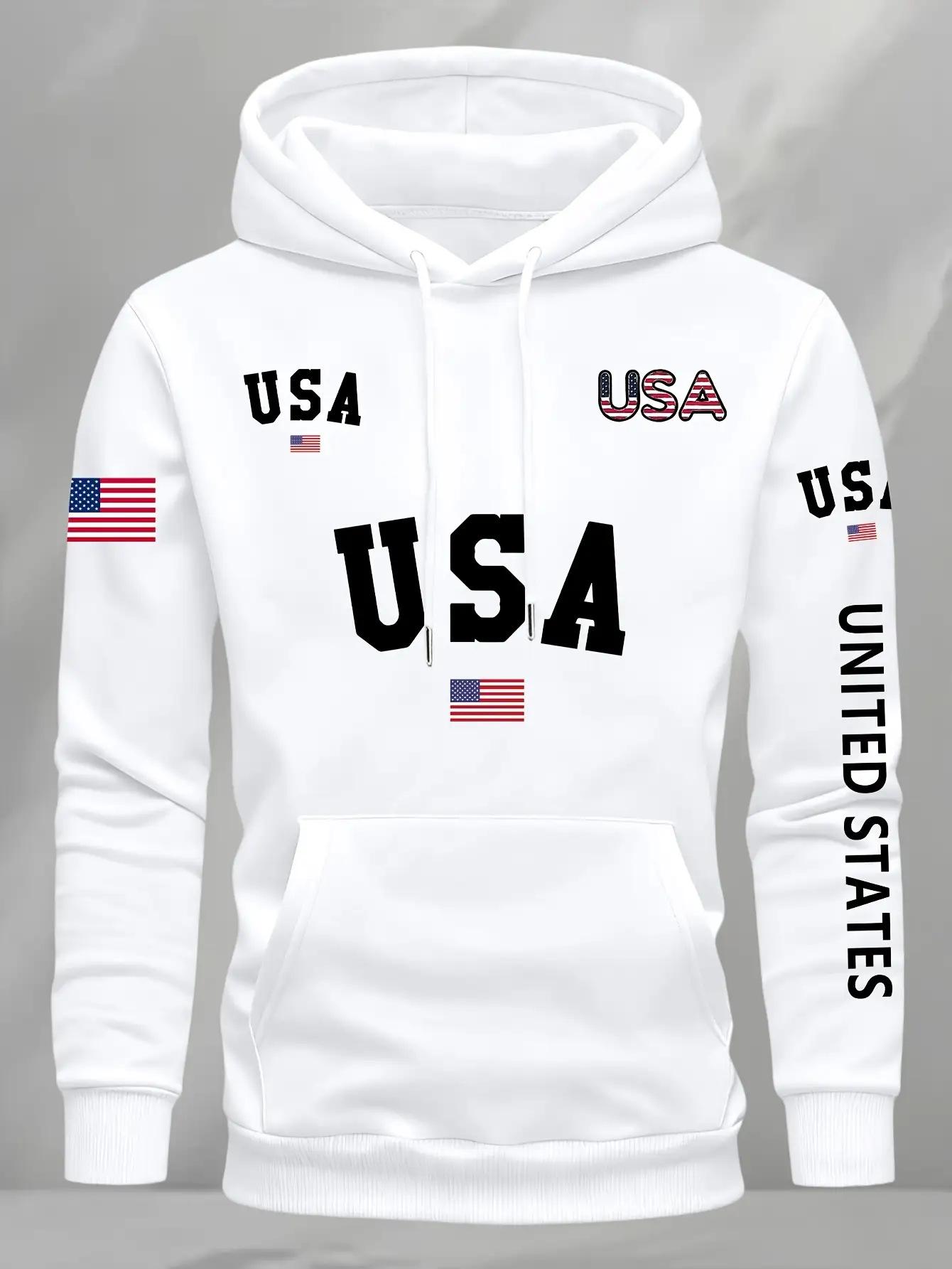 

USA Flag Print Men s Hooded Sweatshirt - Trendy Autumn/Winter Pullover Triple Extra Large білий