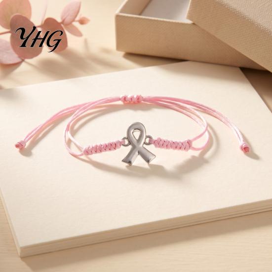 Support And Blessing Gift 2PCS Hand-woven Braided Bracelets with Metal Ribbon Pendant, Adjustable Cord Awareness Simple String Bracelet Wristbands,