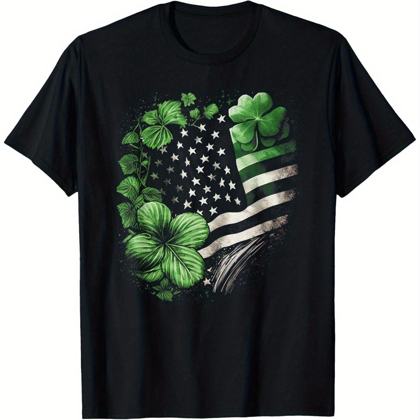 St Patricks Day American Flag Shamrock Graphic Tee Men Breathable Casual Short Sleeve T-Shirt 4XL