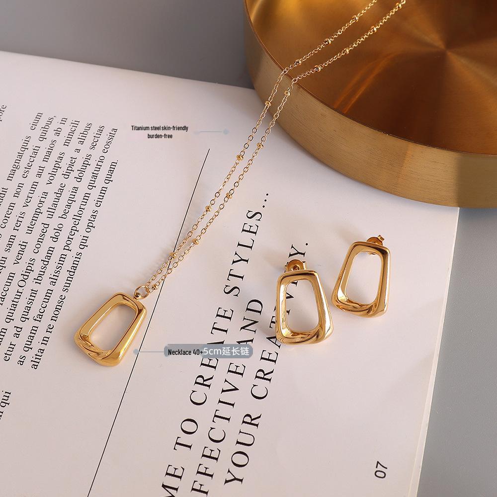 Marka French Geometric Square Necklace & Clavicle Chain Set with 18k Gold Titanium Steel Earrings Studs