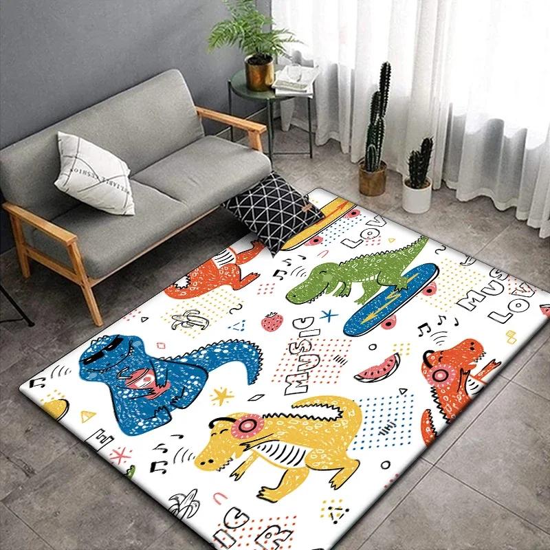 1 pieza Alfombra linda con estampado de dinosaurio de dibujos animados para sala de estar, dormitorio, alfombra para gatear para niños resistente a las arrugas, alfombra de suelo antideslizante