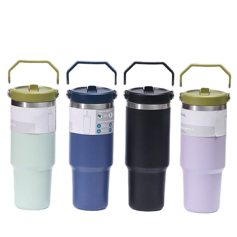 30oz Edelstahl Isolierter Eisbecher mit Griff und Strohhalm, Tragbar für Auto