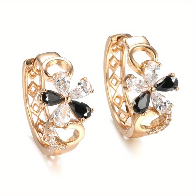 Luxury Black Synthetic Zirconia Golden Plated Hoop Earrings for Women Exquisite Wedding Flower Shape Jewelry Accessories