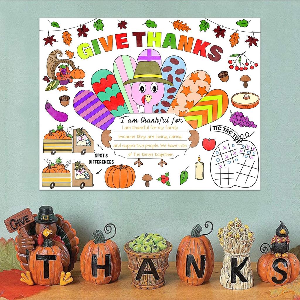 Thanksgiving Coloring Placemats for Kids 16PCS Fall Paper Placemats for Kids to Color Thanksgiving Paper Table Mats for Thankful Craft Activity