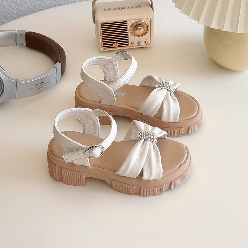 

Chunky-sole Kids Shoes Girls Sandals Rhinestone Cross-tied Princess Wedge Shoes Bridesmaids Wedding Height Increase Shoes I06046 27 бежевый