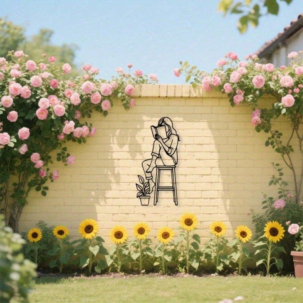 Modern Black Metal Wall Art Female Reading Sculpture Durable Iron Decor for Home Office Library Valentine Gift Easy Install