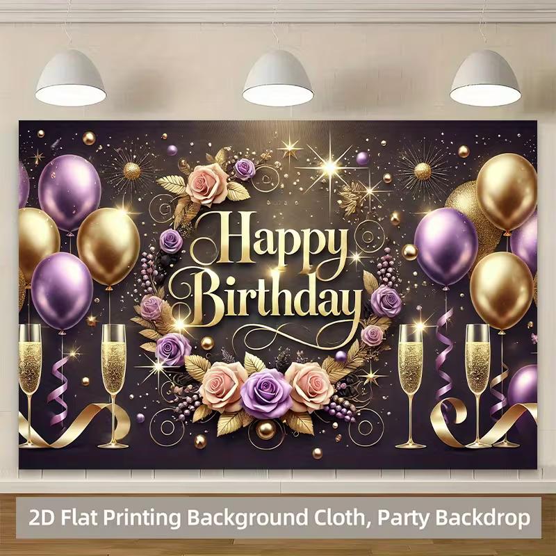 2D Purple Gold Floral Happy Birthday Backdrop for Women Party Decor