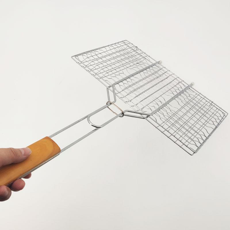 Portable Outdoor BBQ Grill Tongs with Wooden Handle - Anti-Scald Detachable Grill Net for Fish and Vegetables