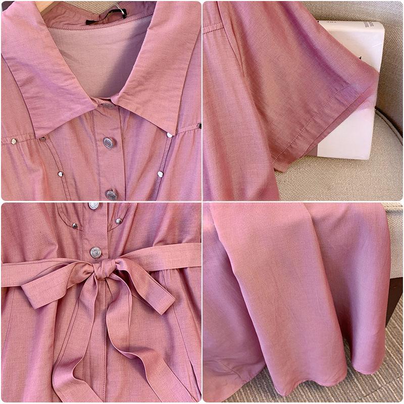 Übergröße Damenkleid Neu Rosa Fortgeschrittenes Lichtkleid Kurzarmhemd Langes Kleid