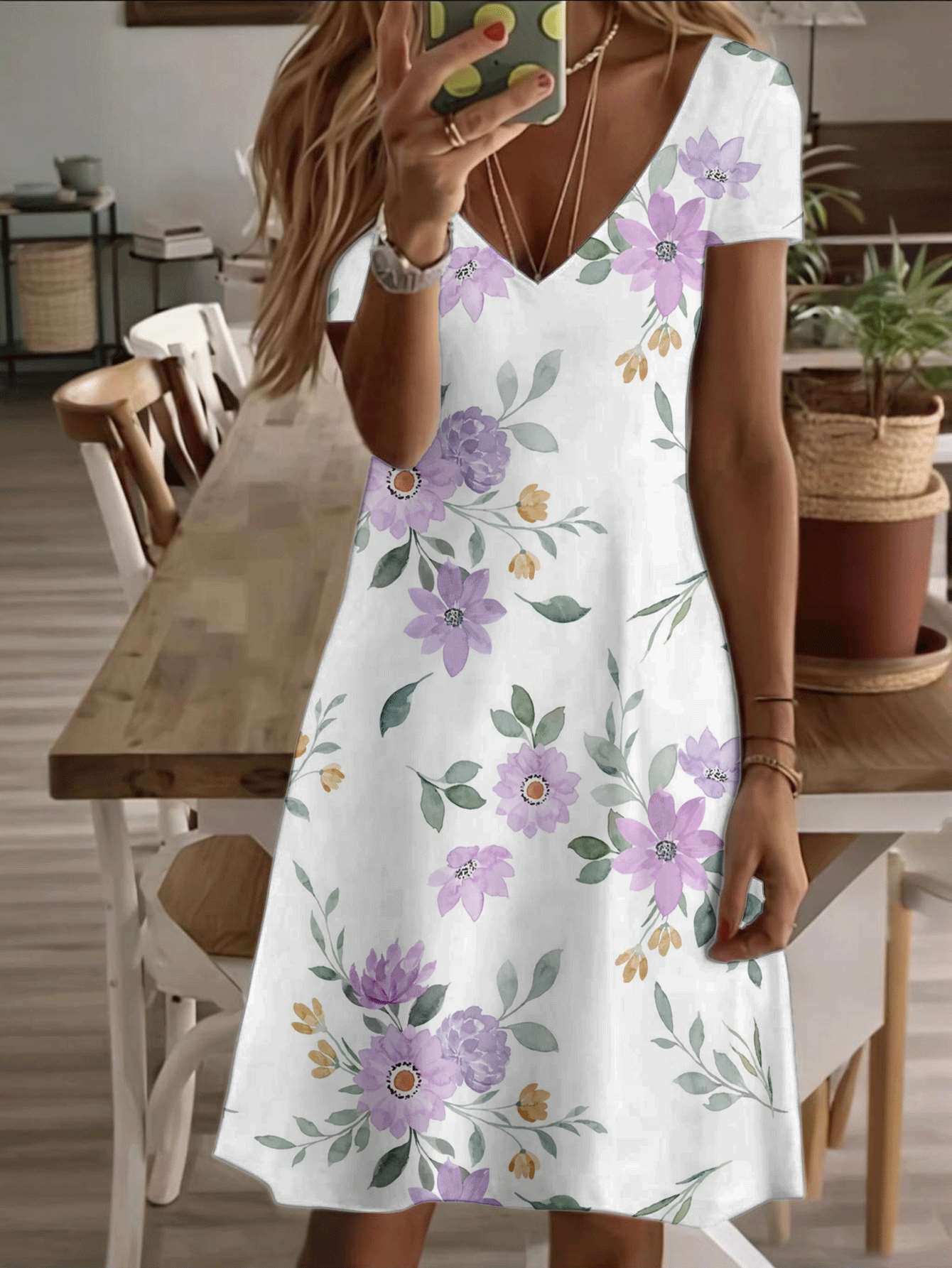 

Vneck shortsleeve midi dress purple floral print pattern 3D highquality printing durable casual fashion summer holiday beach outfit elegant breathable M дубильна кора
