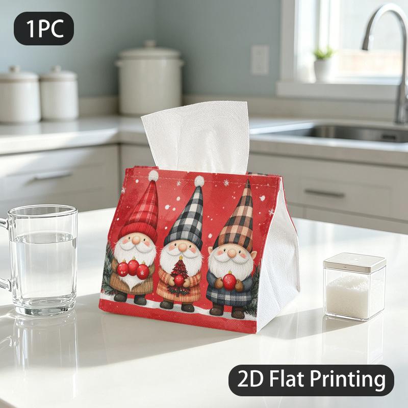 1pc Tissue Box, Watercolor Christmas Gnomes Warm Joyful Pattern, 2D Flat Printing, Dust Blocking, Strong And Firm, Tissue Organizer, for Kitchen Count