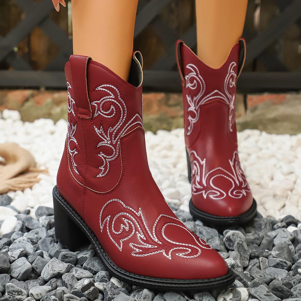 Women Western Boots Autumn Winter Fashion Pointed Toe Shoes Embroidered Style Square Heel Mid-Calf Knight Boots Plus Size Shoes