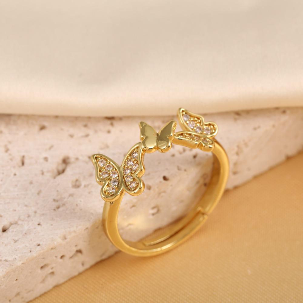 Copper-Plated 18K Skin-Brightening Butterfly Ring with Zircon Inlay for Women