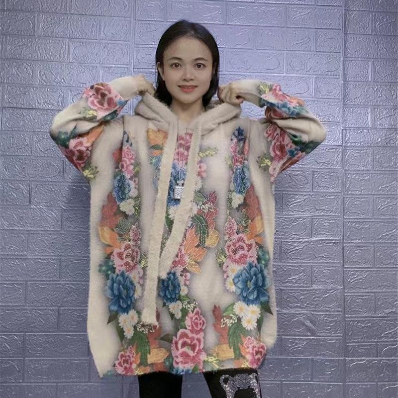 Spring 2026 Printed Hooded Knit Mom-Style Pullover Sweater