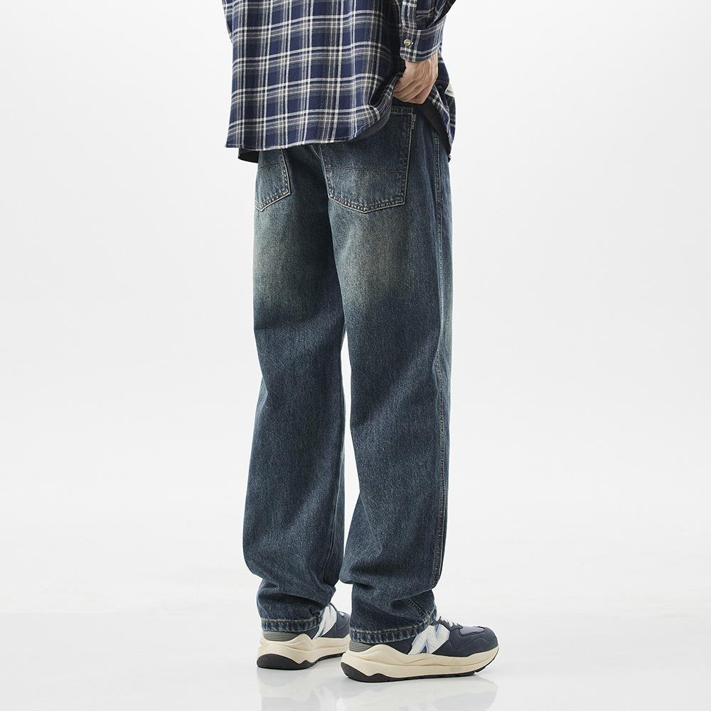 Retro loose American street jeans men's and women's casual fat mopping pants washed blue retro straight pants