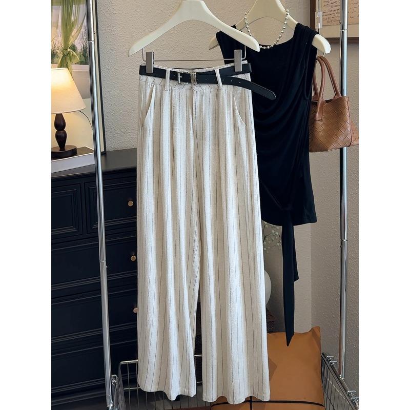 Old Qian Feng Vertical Pattern Refreshing Linen Wide-leg Pants High Waist and Thin Straight Casual Pants Lazy Temperament Trousers with Belt