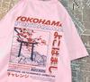 Camiseta de verano para hombre, estilo japonés con estampado de letras y patrón de flor de cerezo, top transpirable de manga corta y cuello redondo, ropa informal