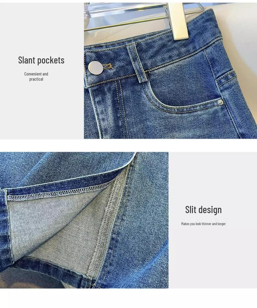 Falda Midi de Mezclilla Retro para Mujer con Bordado - Colección Primavera y Otoño 2025, Línea A, Diseño Ajustado a la Cadera.