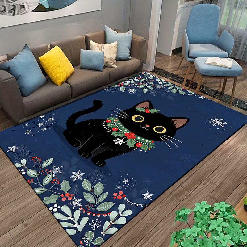 Black Cat Christmas Themed Carpet with Snowflakes and Holly Design Suitable for use as an anti-slip for living room bedroom sofas