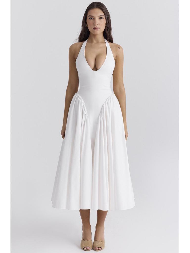 Autumn 2024 French Socialite Deep V-Neck Halter Pleated Slimming Dress