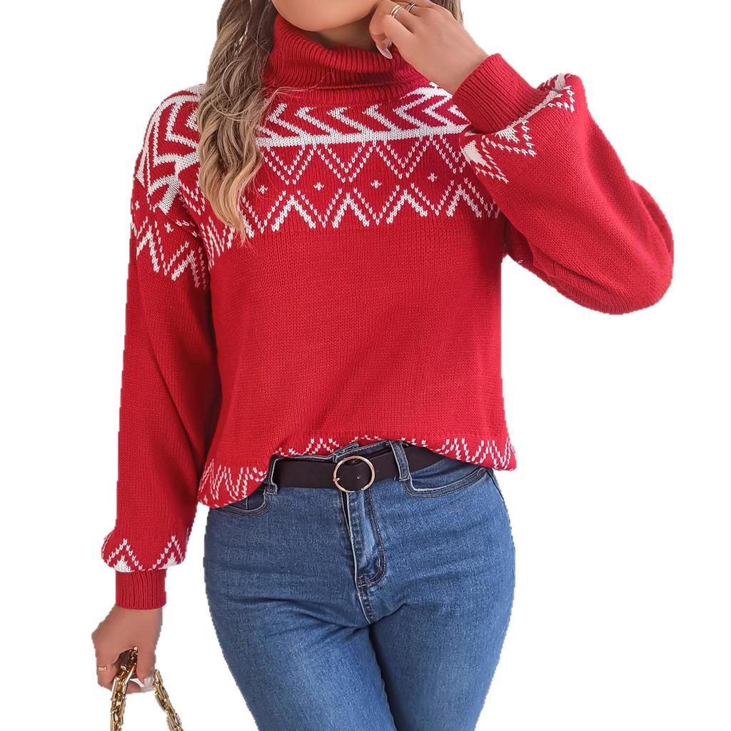 Autumn and Winter Ethnic Style Retro Jacquard Lantern Sleeve Pullover High-neck Sweater Women's Clothing