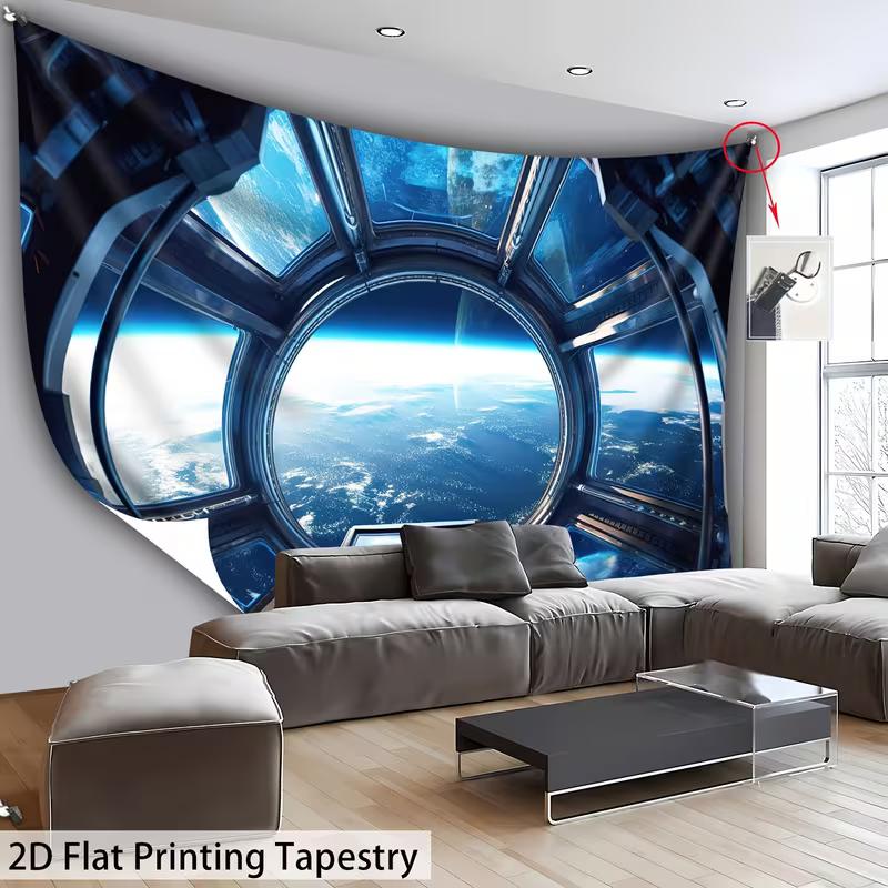 2D Astronaut Raumschiff Wandteppich Futuristischer Weltraumstations-Fensterszene für Raumdekoration