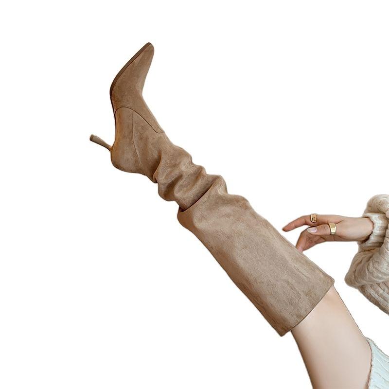 Khaki Suede Pointed Thin Heel Boots Women's Pleated Pile Boots Maillard Loose High Boots High Heel Boots