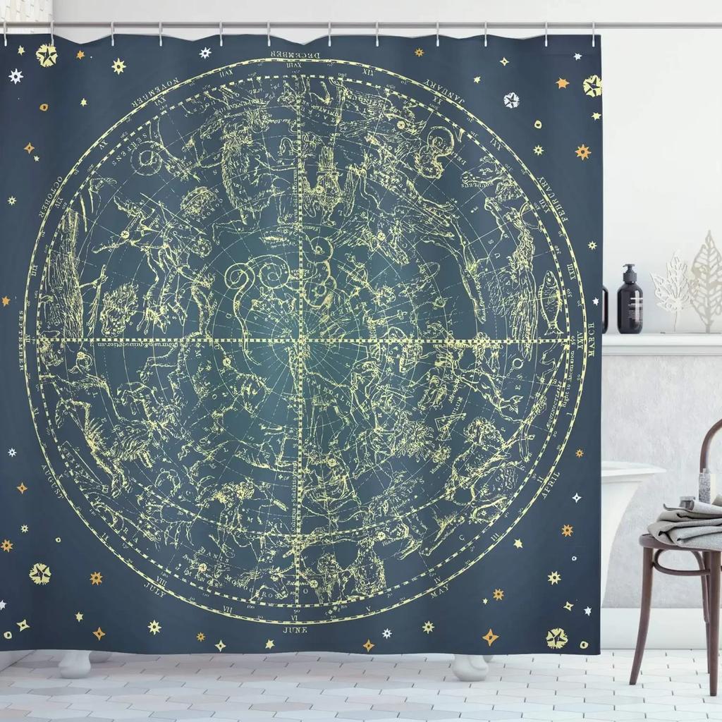 Astrology Shower Curtain Planetarium Themed Astronomical Image of Constellations with Horoscopes Cloth Fabric Bathroom Decor Set