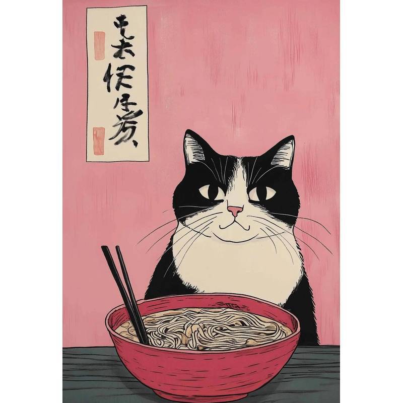 Cute Japanese Black Cat Wall Art,Vintage Ukiyoe Food Noodle Sushi Kitty Canvas Prints,Kitchen Bedroom Home Decor Cat Lover Gifts