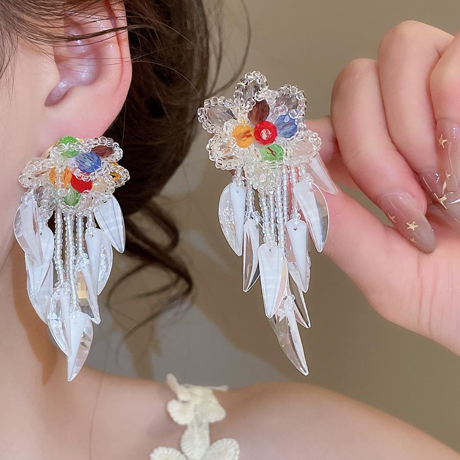 Silberne Nadel Strass Blume Quaste Brautohrringe, Vielseitige Ohrstecker für Damenmode.