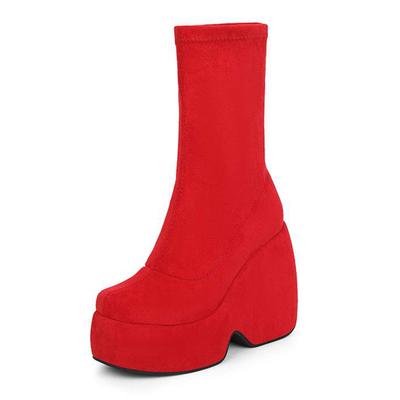 Flock Autumn Winter Shoes Super High Heels Wedges Elastic Platform Boots Keep Warm Fashion Mid-calf Boots
