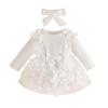 Newborn Baby Girl Applique Mesh Dress with Headband, Autumn/Winter Long Sleeve Knitted Fabric Splice