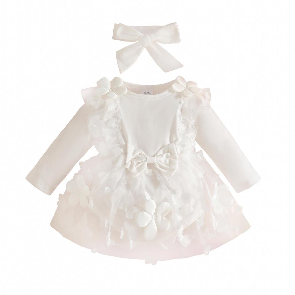 Newborn Baby Girl Applique Mesh Dress with Headband, Autumn/Winter Long Sleeve Knitted Fabric Splice