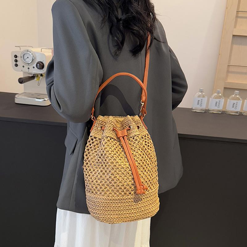 Yazlık Hasır Omuz Çantaları İpli Kadın El Dokuması Kova Çanta Rafya Örgü El Çantaları Günlük Tote Bayan Plaj Çapraz Askılı Çanta