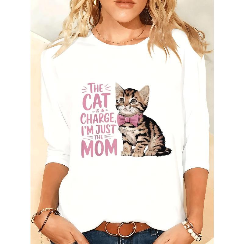 

Women s Plus Size Cat Lettering & Paws Print Tee Long Sleeve Round Neck Casual Top S белый